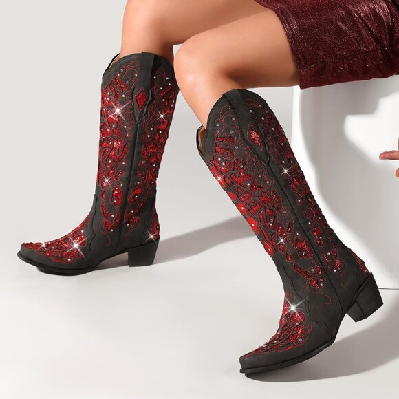 Red Women Sparkly Rhinestone Wedding Boots Trendy Vintage Tall Glitter Boot - Picture 2 of 5